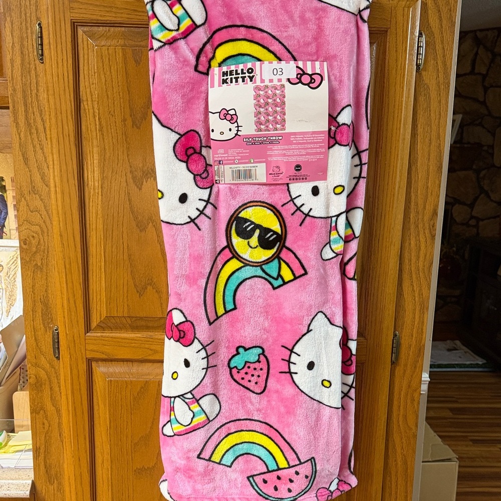 Hello Kitty Pink and White Silk Touch Throw Blanket with Rainbow Design
